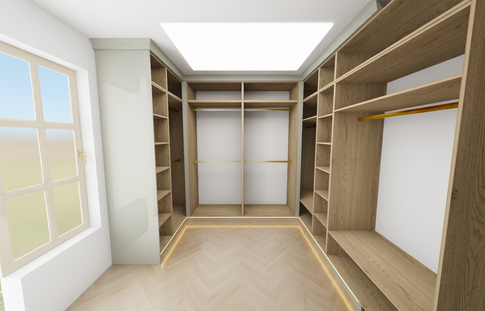 Dubový walk-in šatník A — U · dispozícia · široký pohľad